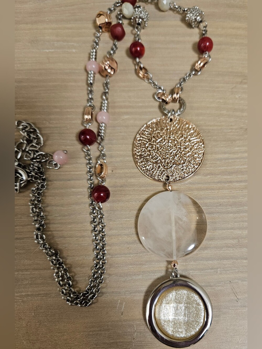CHICO'S MEDALLION SILVER-TONE ROSE GOLD GLASS BEADS  BOHEMIAN LONG NECKLACE - Picture 8 of 16